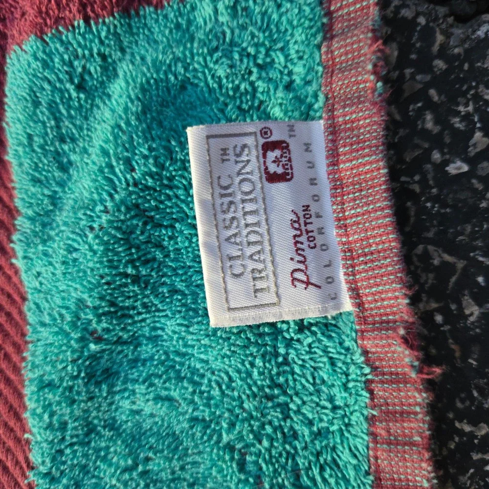 VTG JCPenney Beach Towel Teal Burgundy Striped Pima Cotton Thrashed Distress USA